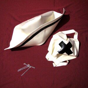 White & Black Latex Vintage Retro Nurse Cap Hat and Medical Mask with Cross Set